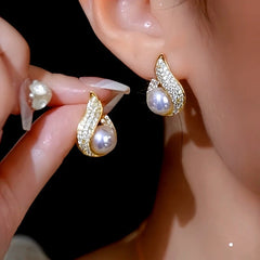 14K Gold-Plated Elegant Zircon Pearl Earrings - elegant gold pearl earrings