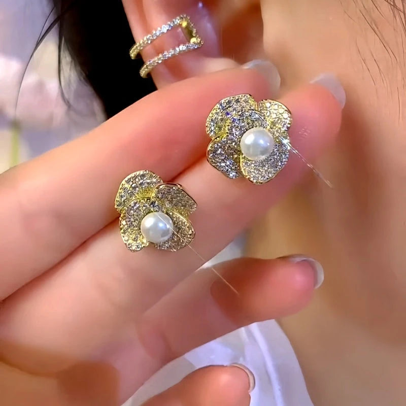 14K Gold-Plated Elegant Zircon Pearl Flower Stud Earrings - elegant gold flower earrings