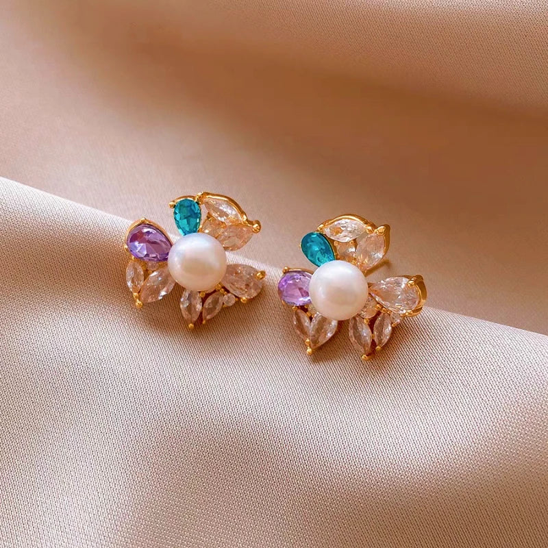 14K Gold-Plated Elegant Zircon Pearl Flower Stud Earrings - elegant gold flower earrings