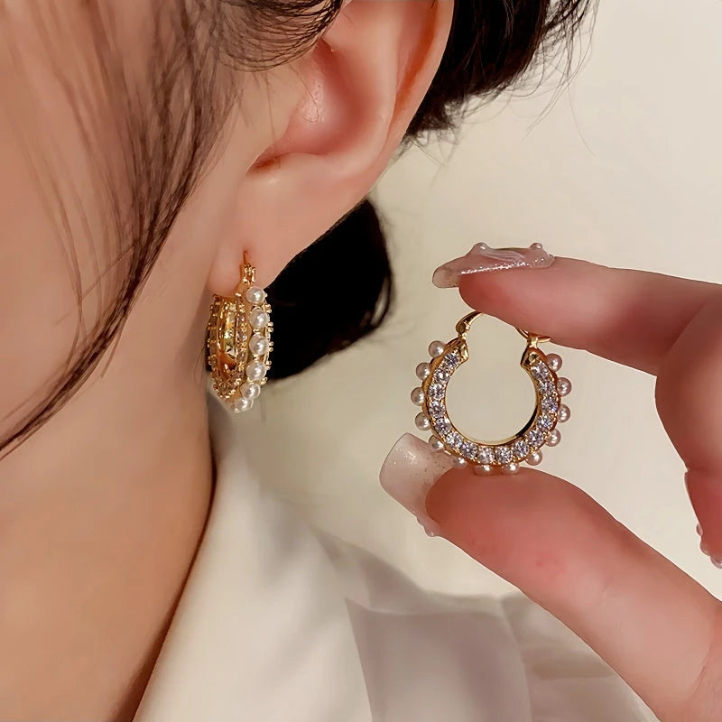 14K Gold-Plated Elegant Zircon Pearl Hoop Earrings - elegant gold hoop earrings