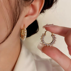 14K Gold-Plated Elegant Zircon Pearl Hoop Earrings - elegant gold hoop earrings