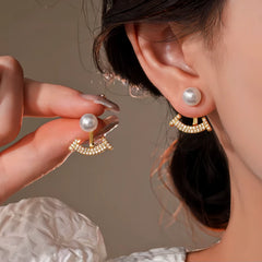14K Gold-Plated Elegant Zircon Pearl Jacket Earrings - elegant gold jacket earrings