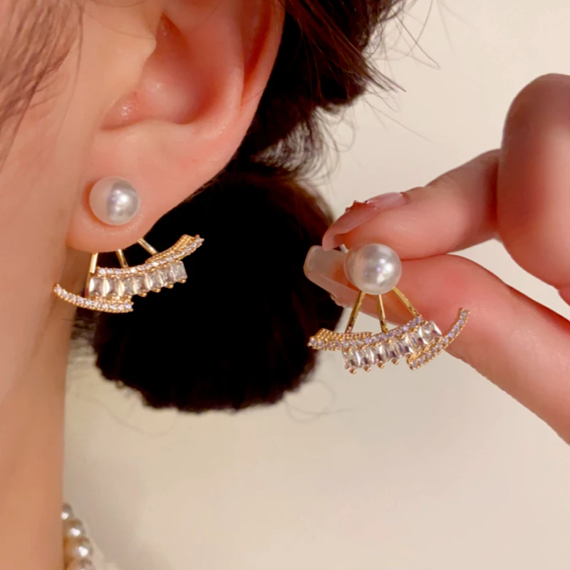 14K Gold-Plated Elegant Zircon Pearl Jacket Earrings - elegant gold jacket earrings