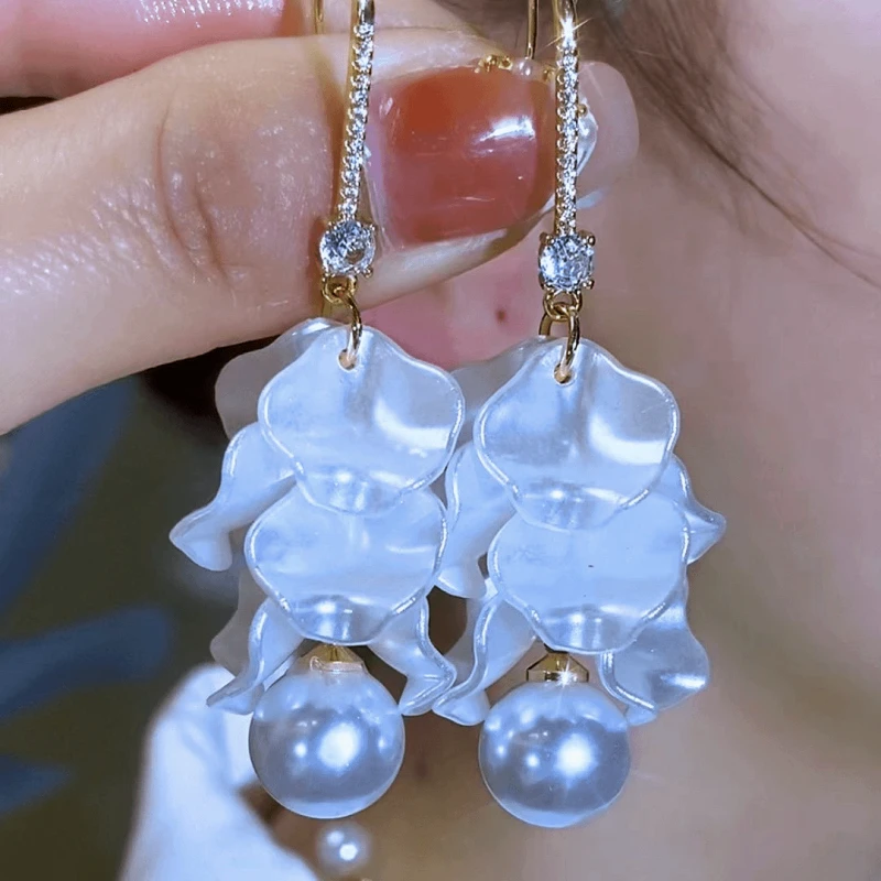 14K Gold-Plated Elegant Zircon Pearl Petal Tassel Earrings - elegant gold tassel earrings