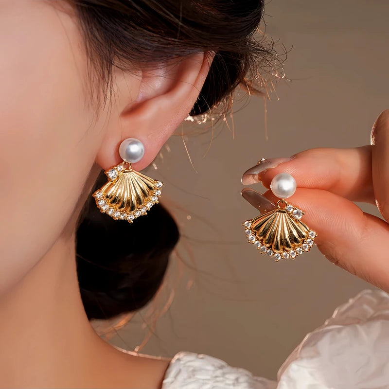 14K Gold-Plated Elegant Zircon Pearl Shell Earrings - elegant gold pearl earrings