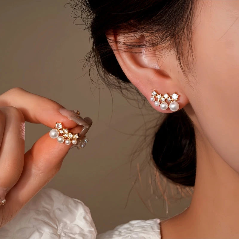 14K Gold-Plated Elegant Zircon Pearl Stud Earrinhgs - elegant gold pearl earrings