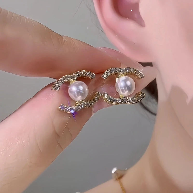 14K Gold-Plated Elegant Zircon Pearl Stud Earrings - elegant gold pearl earrings