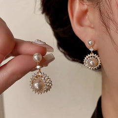 14K Gold-Plated Elegant Zircon Pearl Sunflower Earrings - elegant gold sunflower earrings