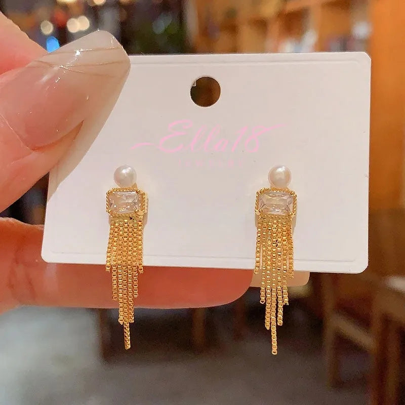 14K Gold-Plated Elegant Zircon Pearl Tassel Earrings - elegant gold tassel earrings