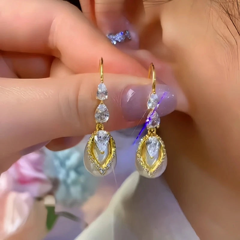 14K Gold-Plated Elegant Zircon Pearl Water Drop Ear Hook Earrings - elegant gold pearl earrings