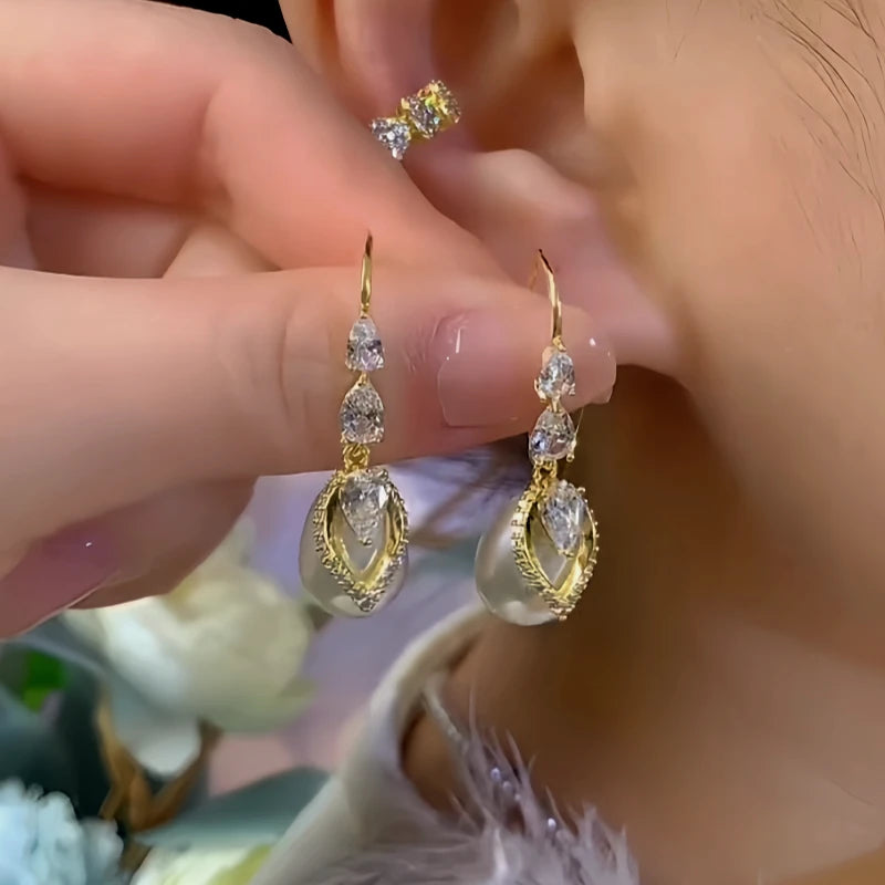 14K Gold-Plated Elegant Zircon Pearl Water Drop Earrings - elegant gold pearl earrings