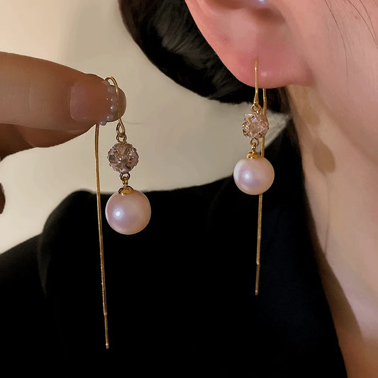 14K Gold-Plated Elegant Zircon Pearrl Threader Earrings - elegant Pearl Threader Earrings