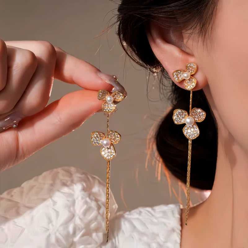 14K Gold-Plated Elegant Zircon Petal Flower Tassel Earrings - elegant Flower Tassel Earrings
