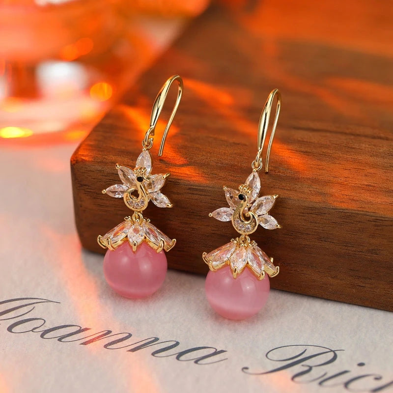 14K Gold-Plated Elegant Zircon Pink Beads Earrings - elegant Pink Bead Earrings
