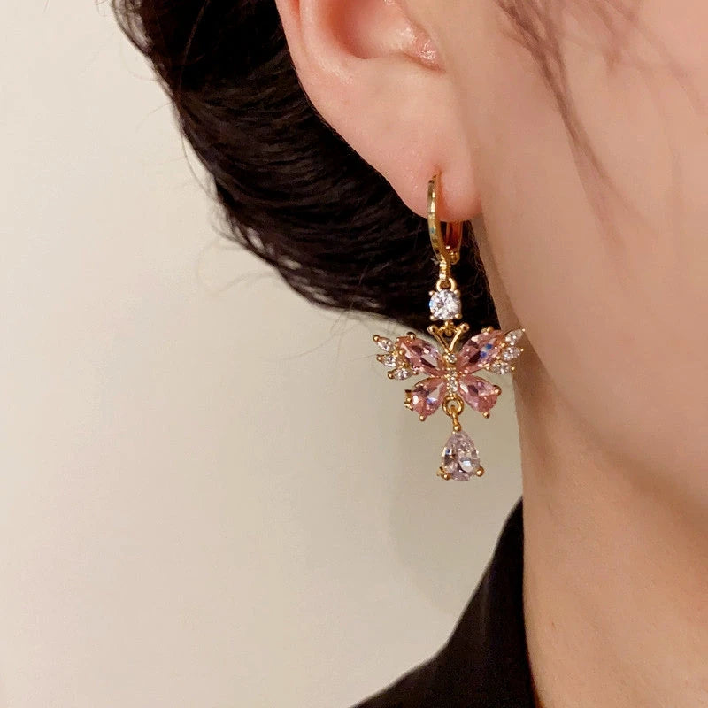 14K Gold-Plated Elegant Zircon Pink Butterfly Water Drop Earrings - elegant Butterfly Water Drop Earrings