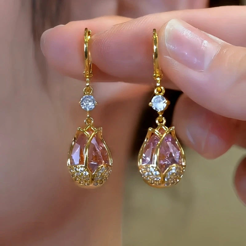 14K Gold-Plated Elegant Zircon Pink Diamond Tulip Earrings - elegant Tulip Earrings