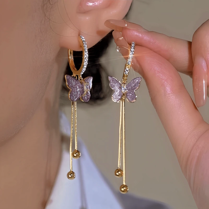 14K Gold-Plated Elegant Zircon Purple Crystal Butterfly Earrings - elegant Purple Crystal Butterfly Earrings