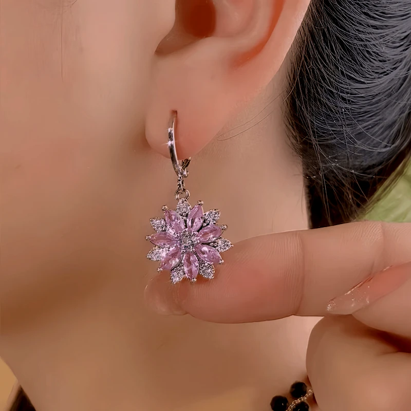 Close-up detail of the sparkling zircons and plating on the Crystal Flower Earrings