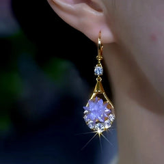 14K Gold-Plated Elegant Zircon Purple Crytal Water Drop Earrings - elegant Crystal Water Drop Earrings