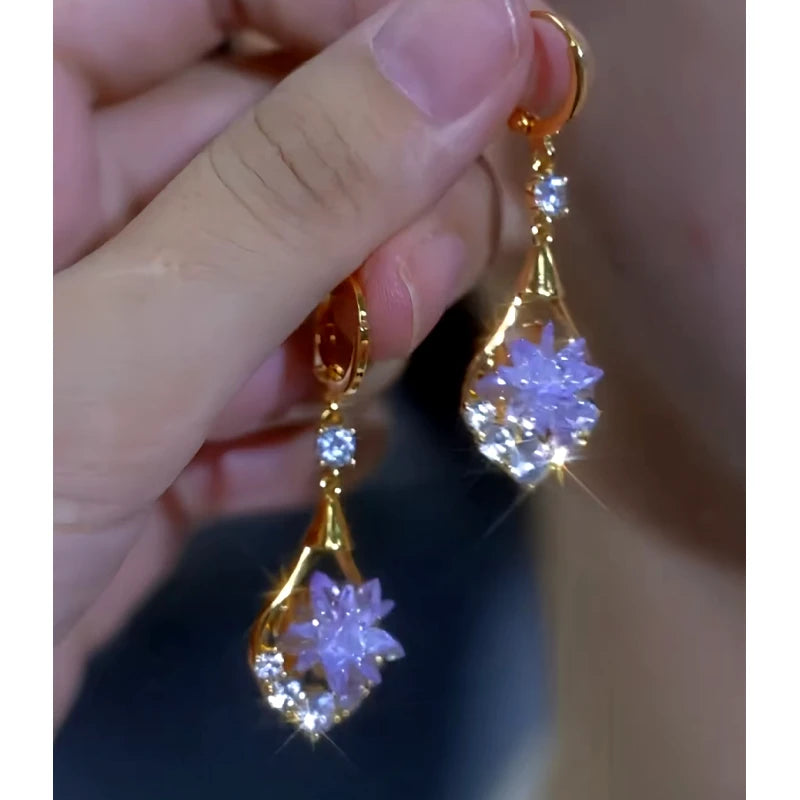 Close-up detail of the sparkling zircons and plating on the Crystal Water Drop Earrings