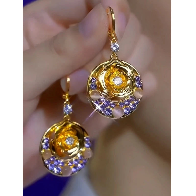 14K Gold-Plated Elegant Zircon Purple Diamond Cat's Eye Stone Rose Earrings - elegant Cat's Eye Rose Earrings