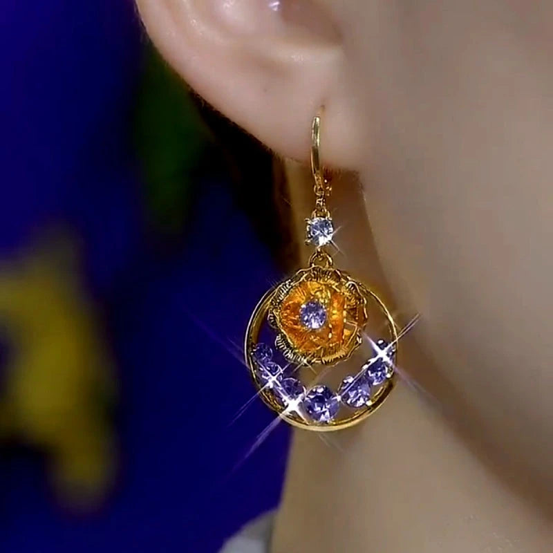 14K Gold-Plated Elegant Zircon Purple Diamond Flower Earrings - elegant Diamond Flower Earrings