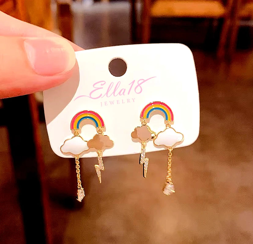 Angled view of the 14K Gold-Plated Elegant Zircon Rainbow Cloud Earrings