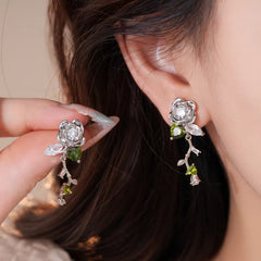 14K Gold-Plated Elegant Zircon Rose Flower Tassel Earrings - elegant Rose Tassel Earrings