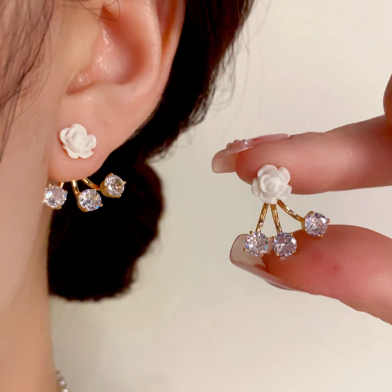 14K Gold-Plated Elegant Zircon Rose Jacket Earrings - elegant Rose Jacket Earrings