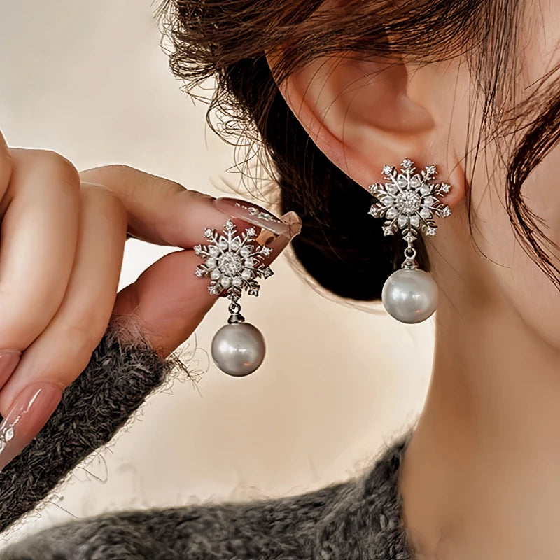 14K Gold-Plated Elegant Zircon Snowflake Pearl Earrings - elegant Snowflake Pearl Earrings