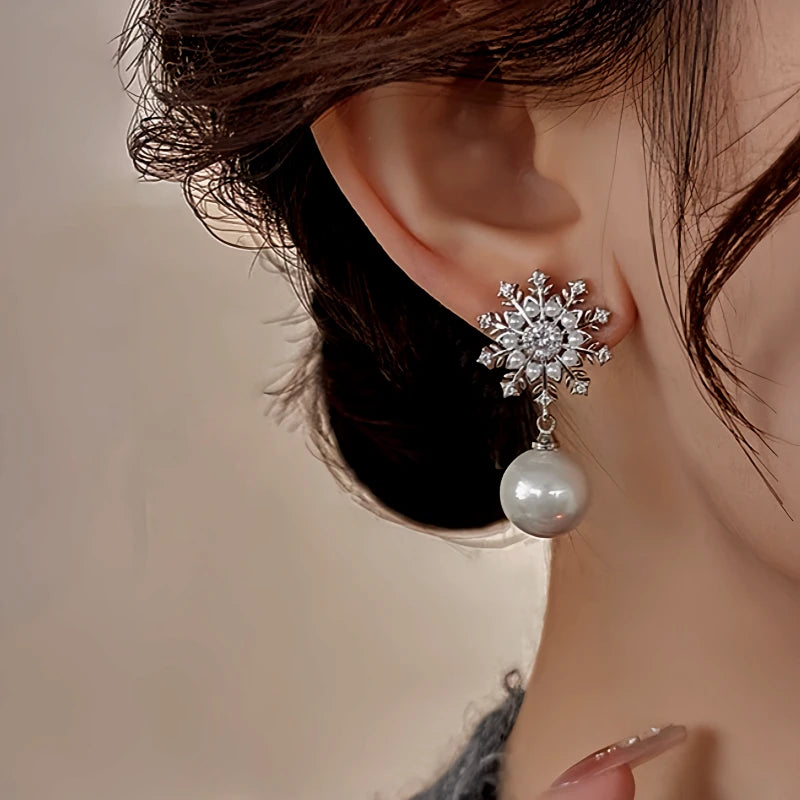 Close-up detail of the sparkling zircons and plating on the Snowflake Pearl Earrings