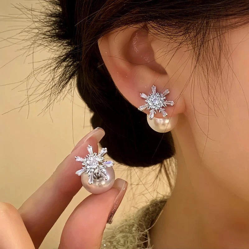 14K Gold-Plated Elegant Zircon Snowflake Pearl Earrings - elegant Snowflake Jacket Earrings