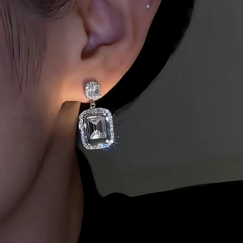 Close-up detail of the sparkling zircons and plating on the Square Diamond Earrings