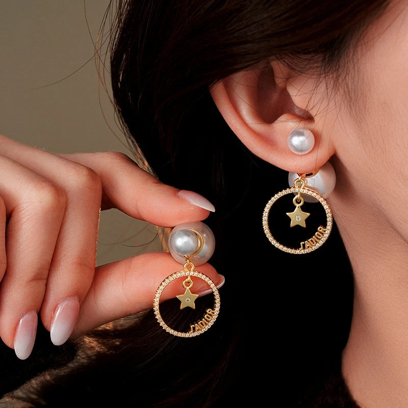 14K Gold-Plated Elegant Zircon Star Pearl Two-Piece Earrings - elegant Star Pearl Earrings