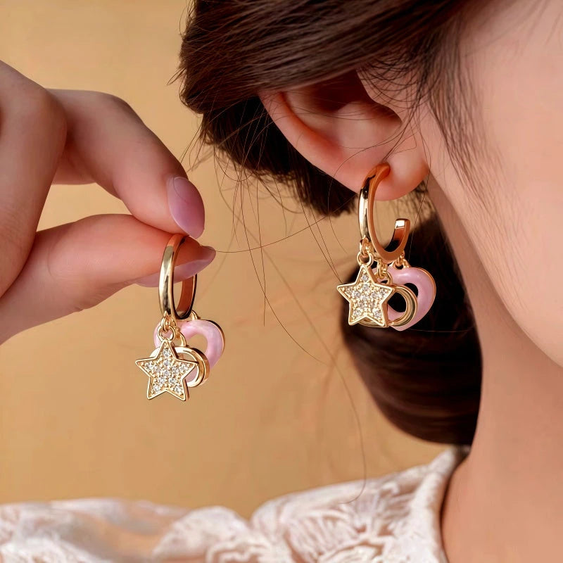 14K Gold-Plated Elegant Zircon Star Pig Nose Pink Heart Tassel Earrings - elegant Heart Tassel Earrings