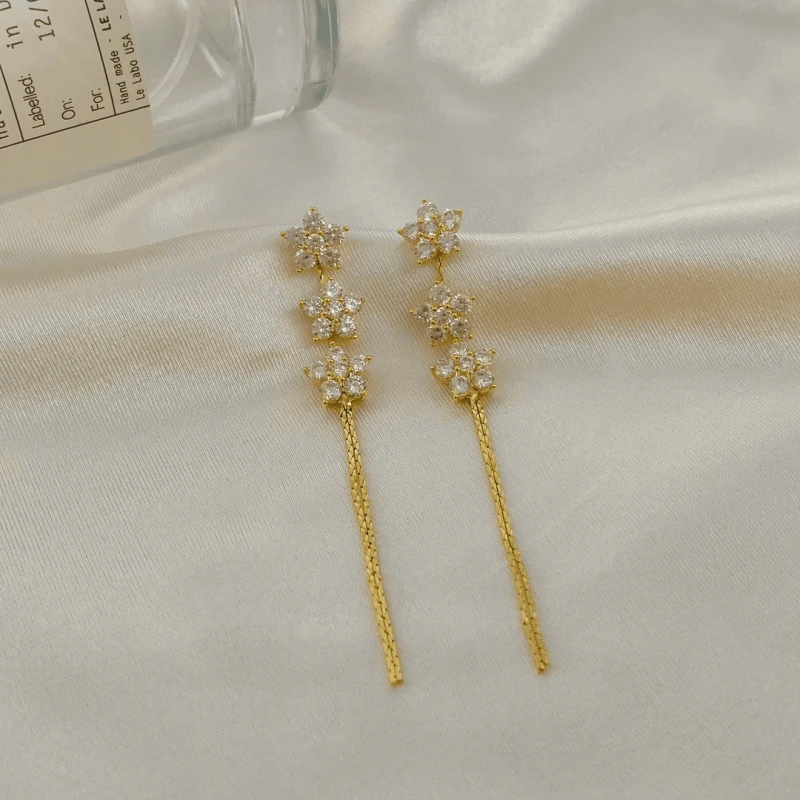 Close-up detail of the sparkling zircons and plating on the Star Tassel Earrings