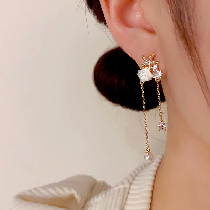 14K Gold-Plated Elegant Zircon Starfish Shell Tassel Earrings - elegant Starfish Tassel Earrings
