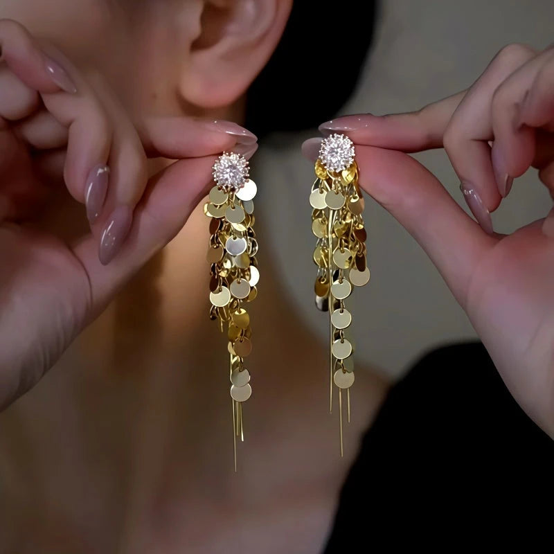 14K Gold-Plated Elegant Zircon Sun Flower Tassel Earrings - elegant Sunflower Tassel Earrings