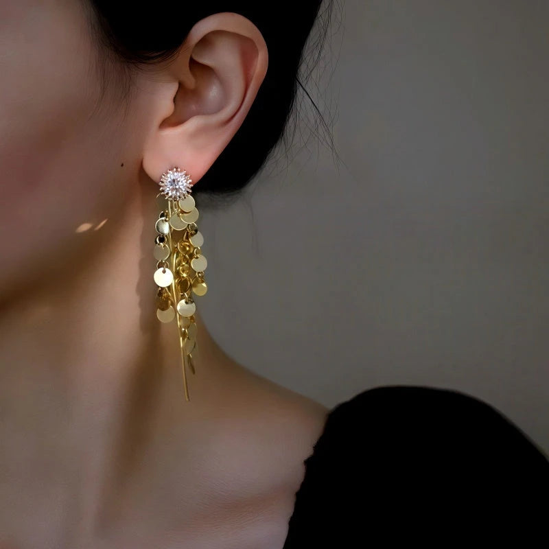 Close-up detail of the sparkling zircons and plating on the Sunflower Tassel Earrings