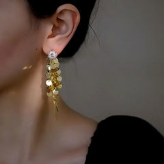 Close-up detail of the sparkling zircons and plating on the Sunflower Tassel Earrings