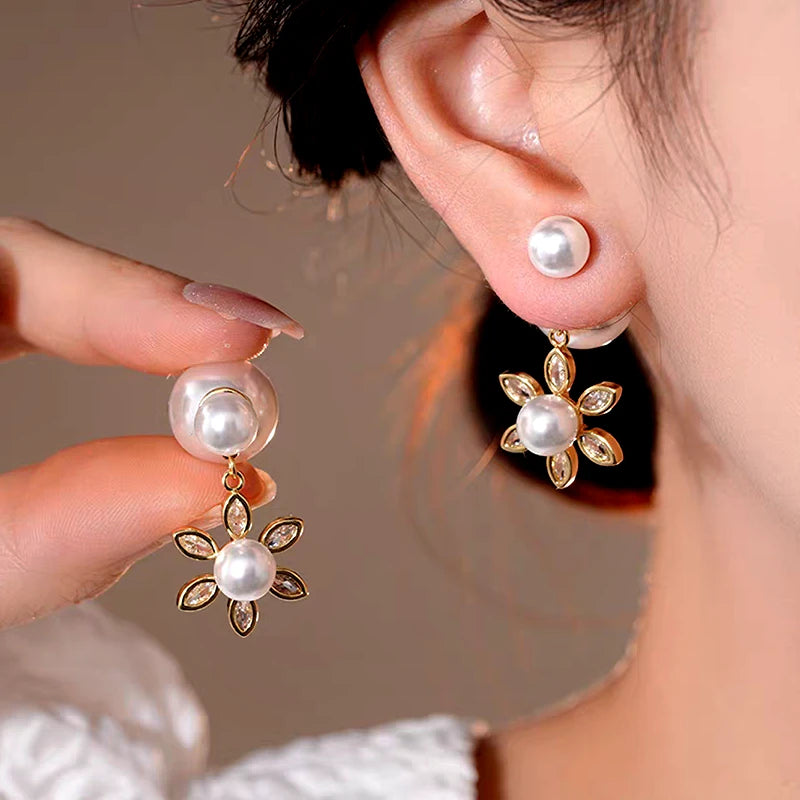 14K Gold-Plated Elegant Zircon Sun Pearl Jacket Earrings - elegant Sun Pearl Jacket Earrings