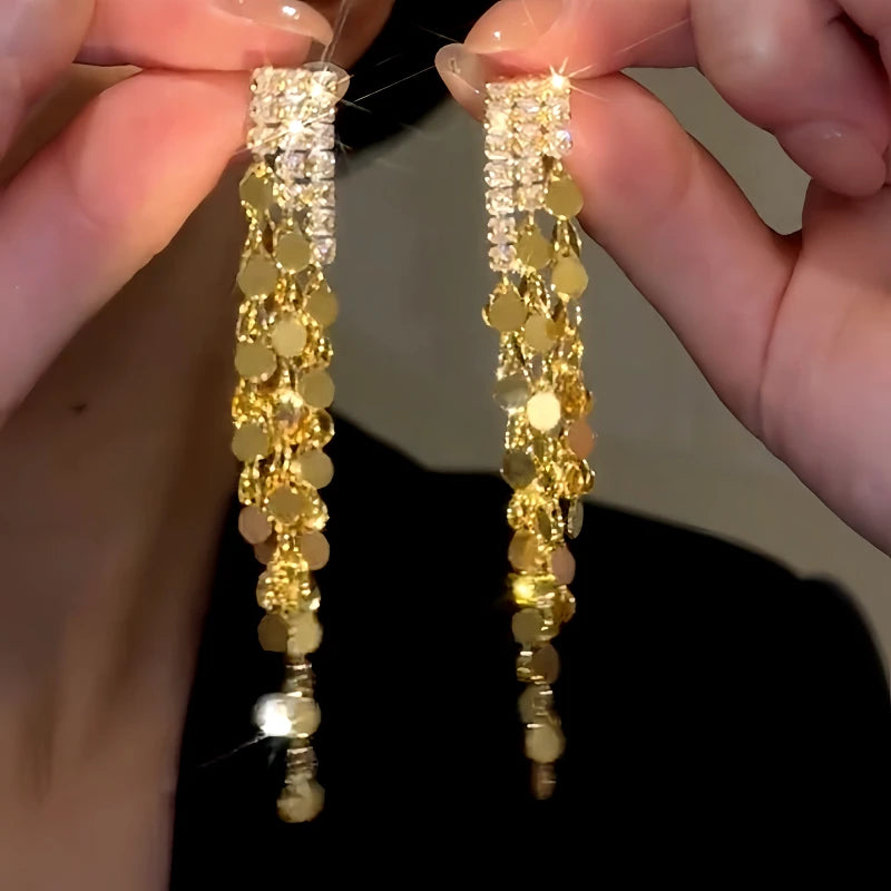 14K Gold-Plated Elegant Zircon Tassel Earrings - elegant Gold Tassel Earrings
