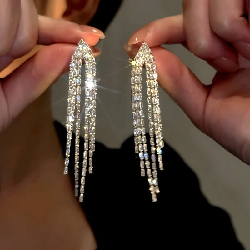 14K Gold-Plated Elegant Zircon Tassel Earrings - elegant Long Tassel Earrings