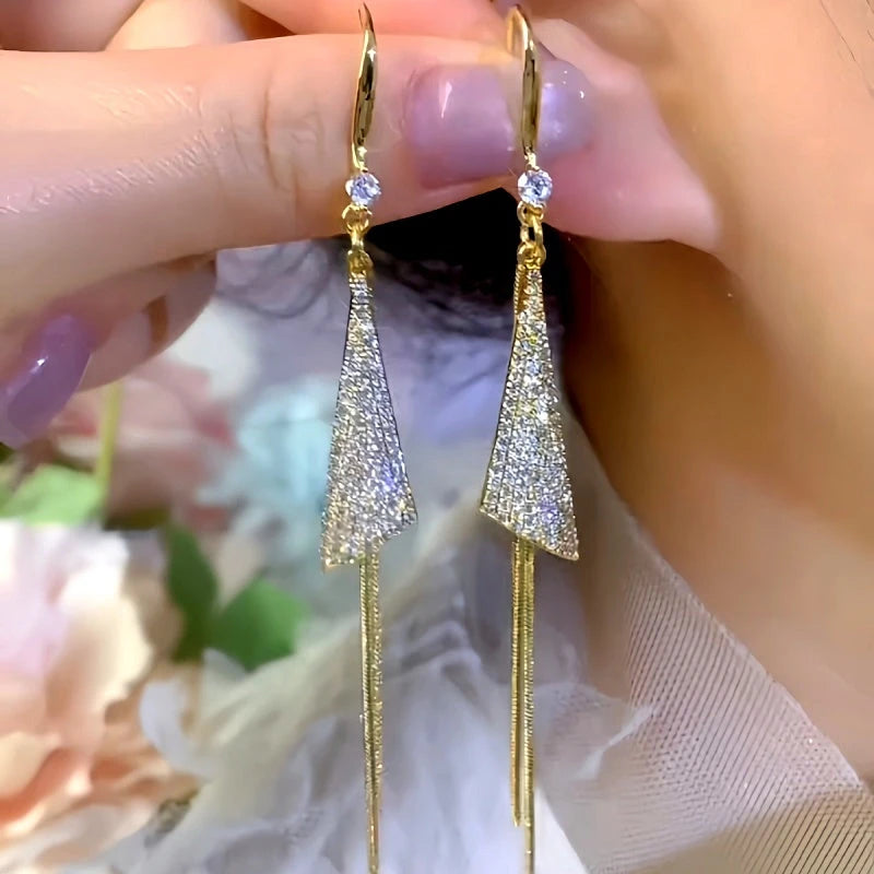 14K Gold-Plated Elegant Zircon Triangle Long Tassel Hook Earrings - elegant Triangle Tassel Earrings