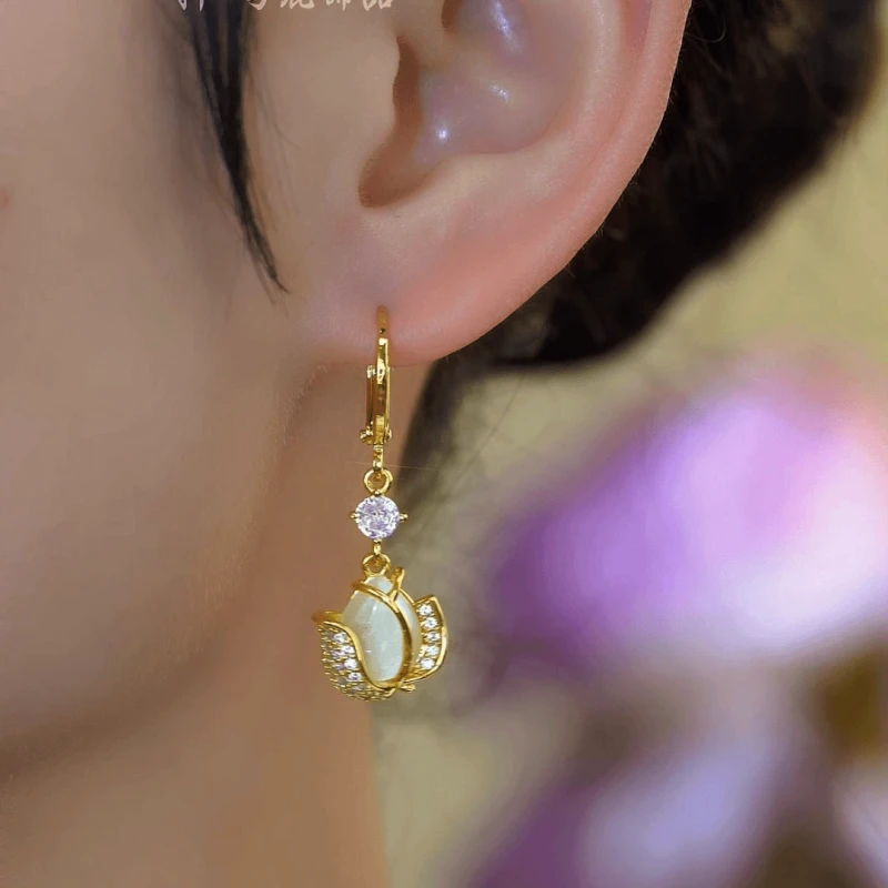 Close-up detail of the sparkling zircons and plating on the Zircon Tulip Earrings