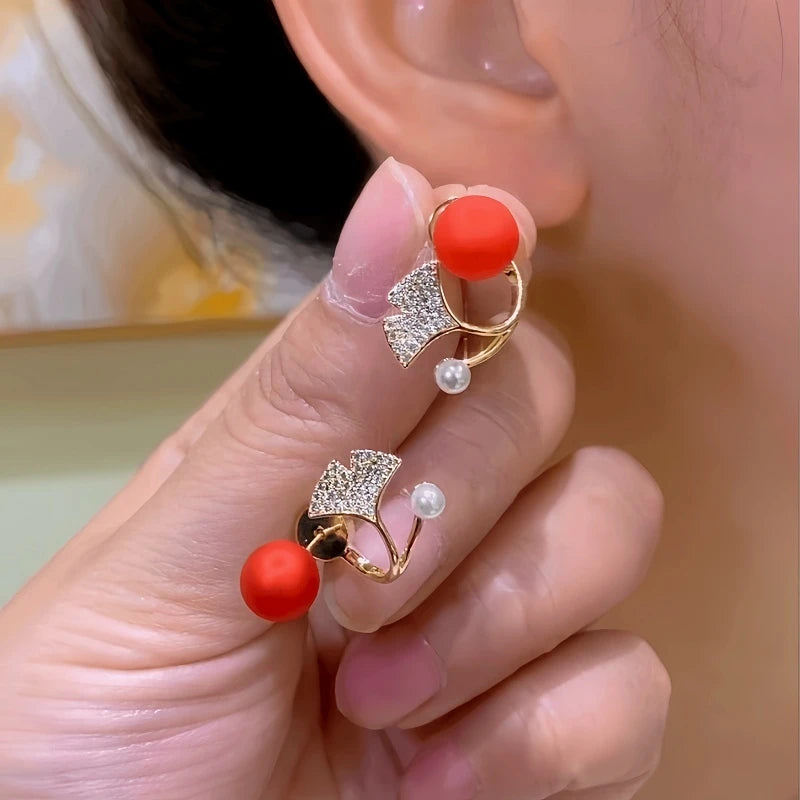 14K Gold-Plated Elegant Zircon Two-Piece Ginkgo Leaf Earrings - elegant Ginkgo Leaf Earrings