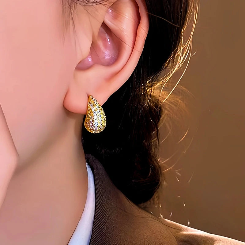 Model showcasing the dangle and style of the 14K Gold-Plated Elegant Zircon Water Drop Earrings