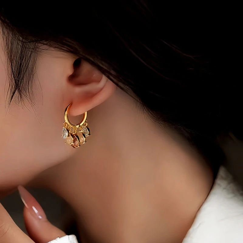 Close-up detail of the sparkling zircons and plating on the Zircon Water Drop Earrings