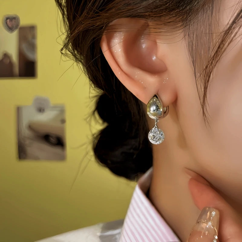 Close-up detail of the sparkling zircons and plating on the Water Drop Earrings