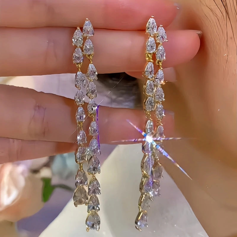 14K Gold-Plated Elegant Zircon Water Drop Tassel Earrings - elegant Teardrop Tassel Earrings
